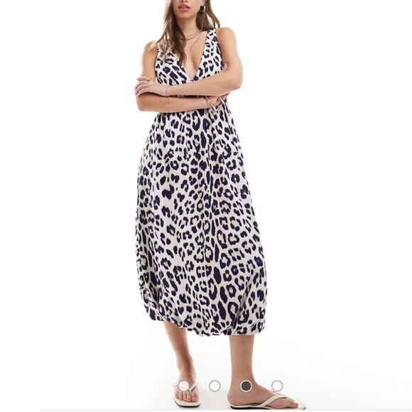 ASOS Midi Puff Ball Smock Animal Print Dress V-Neck Size 8 - Picture 3 of 10